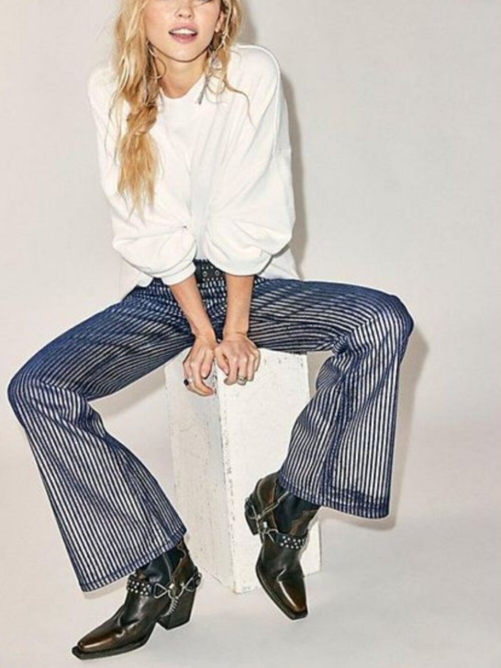 NWT Free People West Coast Relaxed Metallic Flare Jeans in Country Blue